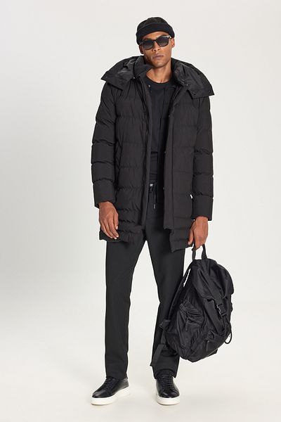 AC&Co / Altınyıldız Classics Μαύρο ανδρικό παλτό - Standard Fit, Stand Collar, Πλαϊνές τσέπες, Κουκούλα