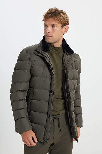 AC&Co / Altınyıldız Classics Khaki Men's Puffer Coat - Stand Collar, Side Pocket, Standard Fit