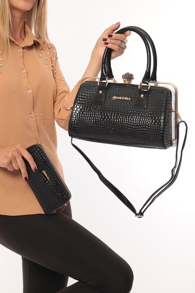 Pandora Bags Black Crocodile Patent Leather Scholarship Bag and Wallet Set
