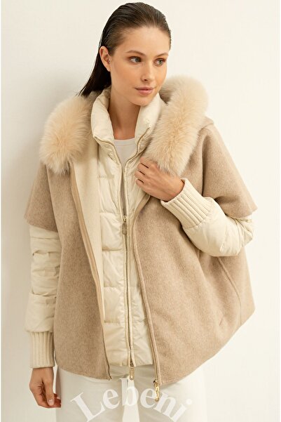 Lebeni Mevsimlik Kapüşonlu Kürklü Oversize Kısa Kollu Ceket Alpaka
