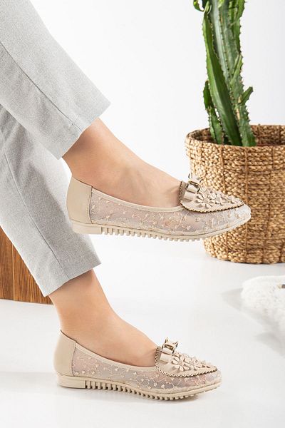Reyonda ayakkabı New Season Beige Ballerinas with Tulle on the Sides and Stone Detail