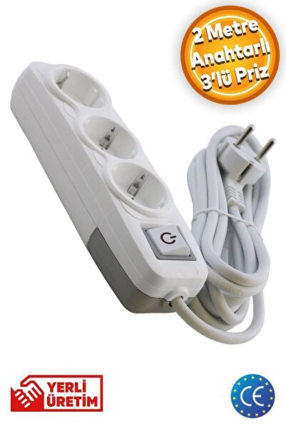 Badem10 Grup Priz 3'lü - (2 METRE) Anahtarlı Topraklı Seyyar Ara Kablolu Uzat...