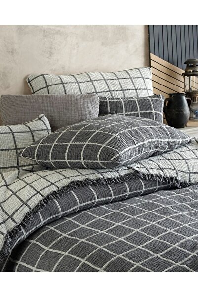 destinyhometex Gri Kare Desenli Naturel 4 Katlı Muslin %100 Pamuk Tek Kişillik Yatak Örtüsü/Pike 160x240cm