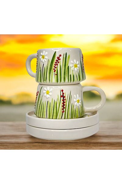 İlbay Çini Takı White Daisy Mug with Plate Set of 2