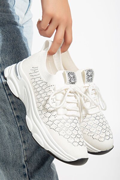 brawerlife Chicshine Kadın Beyaz Taşlı Triko Spor Ayakkabı Sneaker
