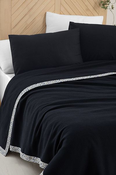 Evim 100% Cotton Bordered Navy Blue Cover Set Double - 200X220 cm