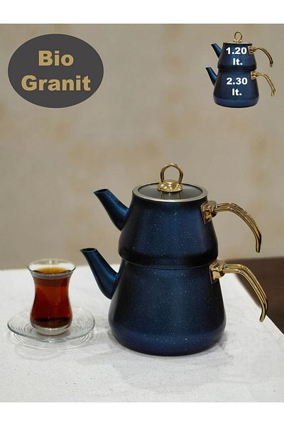 YUNUSOĞLU HOME Granite Plated Gold Handled Glass Lid Teapot Blue