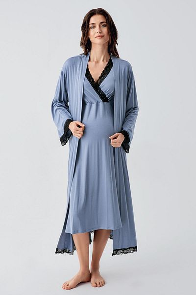 Artış Lycra Long Sleeve Viscous Nightgown and Dressing Gown Set for Pregnant Women