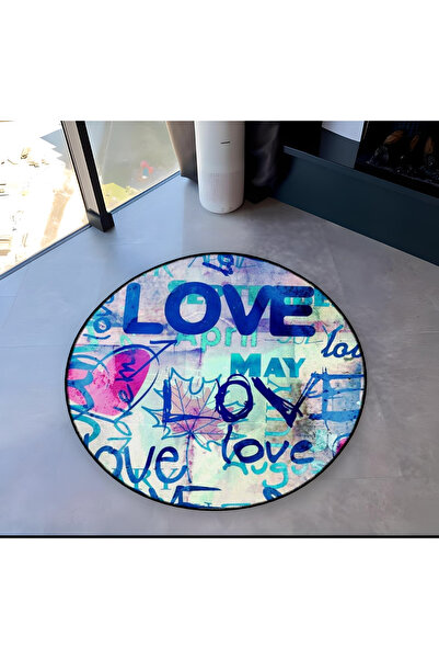 Rugs Modern Halı Mira Round Blue Purple Shades Love Written Pink Heart Patter...