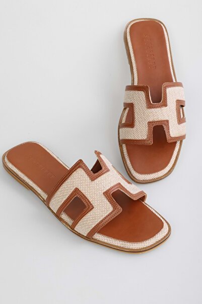 Shoeberry Γυναικείες παντόφλες καφέ χρώματος - Penny Skin Straw Flat σχέδιο