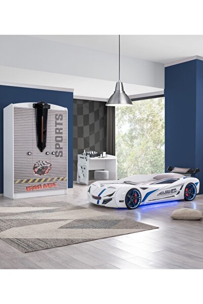 Setay Çocuk Odası - Mercedes Rüzgarlıklı Arabalı Yatak, Sports 3 Kapılı Dolap, Masa - Beyaz