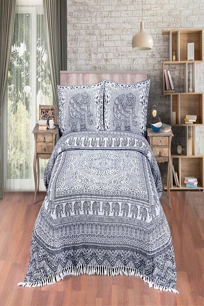 Evim Elephant Patterned Cotton Indigo Jacquard Bedspread - 230X240 cm