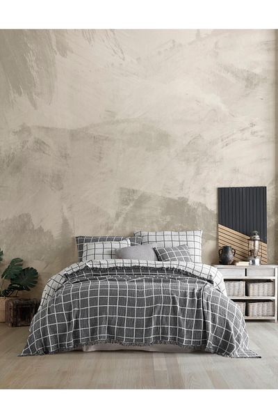 destinyhometex Gray Square Patterned Natural 4 Layer Multi Muslin 100% Cotton Double Bedspread 240x250cm