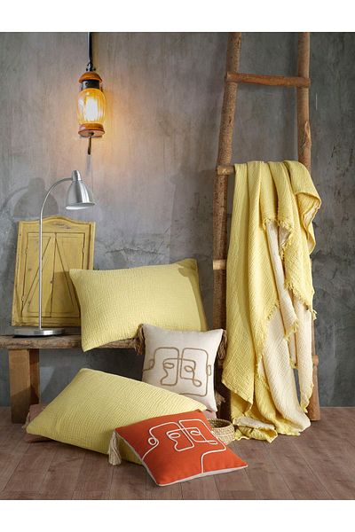 destinyhometex Față de pernă galbenă cu 4 straturi muselină naturală 100% bumbac 2 bucăți 50x70cm