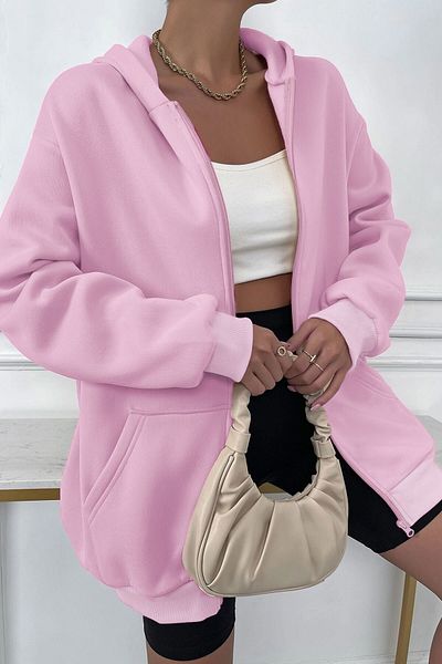 Millionaire Women's Light Pink Hooded Zippered 3 Three Thread Fleece Kangaroo Oversize Loose Sweatshirt Zip Up Hoodi