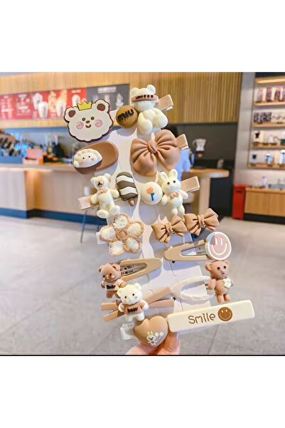 synshop Set de 14 ursuleți Kawaii Teddy Coco - Set cadou coreean, maro și bronzat cu cleme de păr