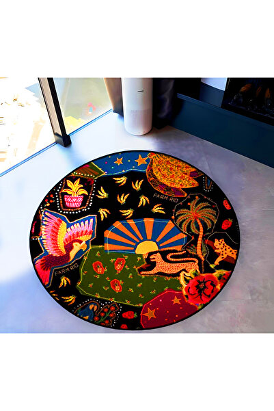Rugs Modern Halı Mira Yuvarlak Koyu Tonlarda Şekiller ve Hayvanlar  Detaylı D...