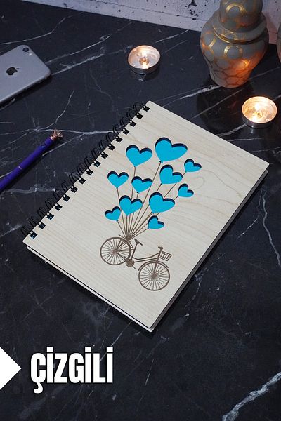 markcat Caiet cu copertă din lemn cu dungi cu baloane pentru biciclete - Agenda/Caiet școlar (A5 - 120 coli)