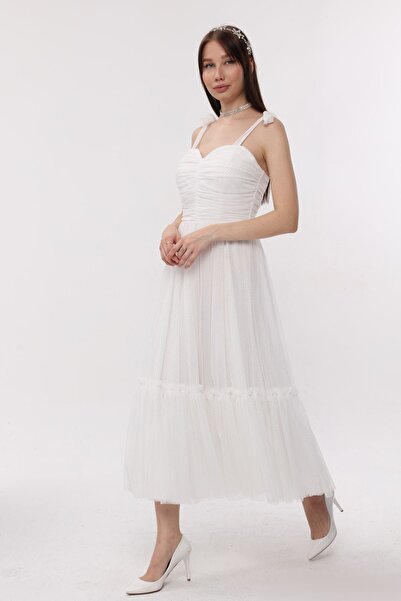 Asees Kadın Abiye Ve Mezuniyet Elbise Omuzdan Bağlamalı Noktalı Desen Tül Abiye Elbise