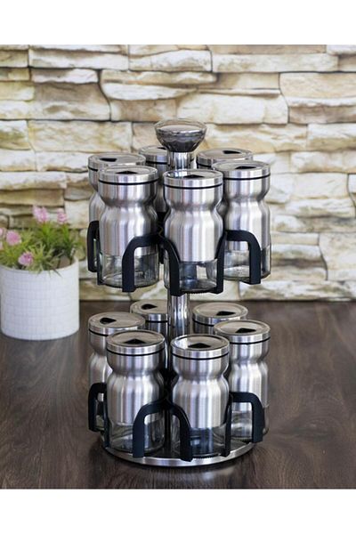 HomeTarz 12 Piece Spice Set with Rotating Stand - Protected Set 100 ml - Chrome-Glass