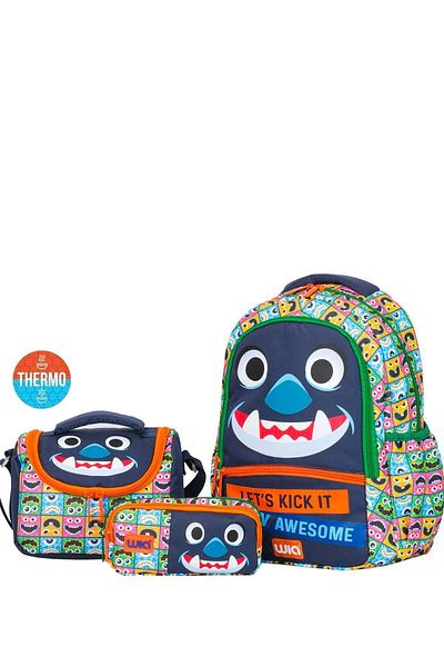 Wia Luxury Iconic Patterned Triple School Bag Set - Thermos Feeding and Pencil Box