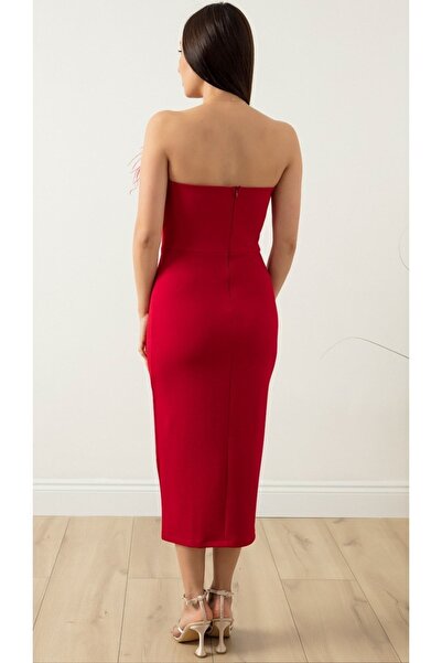 RAMMEN Kadın, Straplez, Tüy Detaylı, Yırtmaçlı, Söz, Nikah, Özel Gün, Abiye Ve Mezuniyet Elbisesi