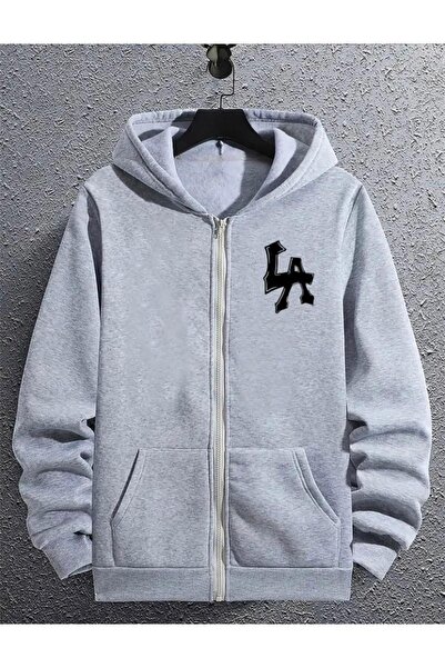 CAST COLLECTİON سترة رمادية كبيرة الحجم للرجال بسحاب مكتوب