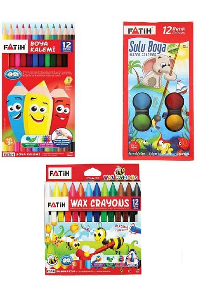 Fatih 12 Pieces of Dry Paints - 12 Pieces of Water Colors - 12 Pieces of Jumbo Crayon Total 36 Pieces