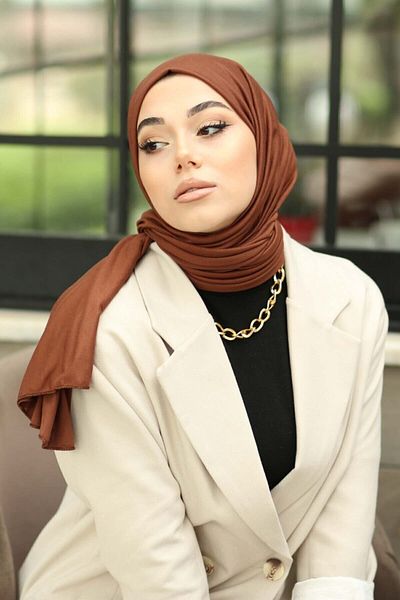 Organic Μοντέλο Hijab Χτενισμένο Βαμβακερό Σάλι - Ζωντανό Καφέ
