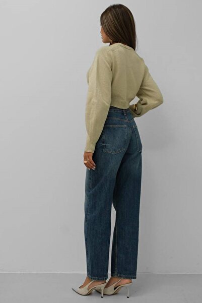 bayansepeti Γυναικείο μακρυμάνικο λαιμόκοψη Raglan κοντό μπεζ Crop πουλόβερ 24W16025