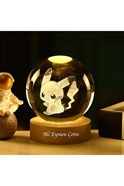 keyfim shop Kişiye Özel Büyük Boy Işıklı Ahşap Kaideli Pikachu Temalı Cam Kür...
