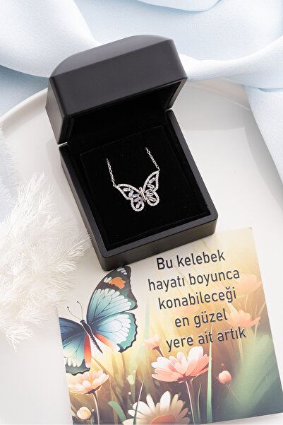 Silvano Jewelry 925 Ayar Gümüş Işıklı Kutuda Bagetli Kelebek Kolye