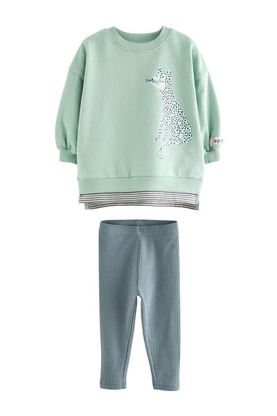 Next Baby Green Leopard Patterned Cotton Long Sleeve Tights Set
