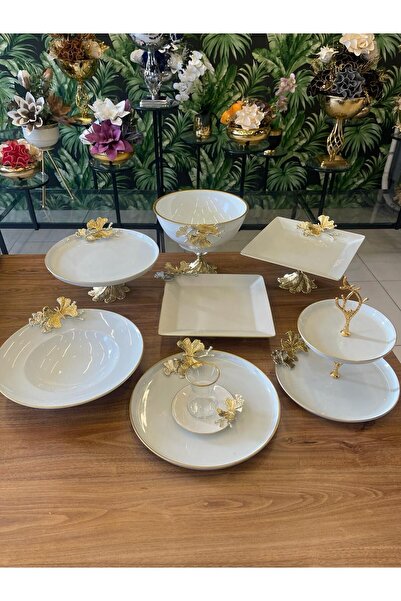 PORA PANDORANIN KUTUSU BEYAZ SERİ KELEBEKLİ SUNUM TABAKLARI VE ÇAY SETİ