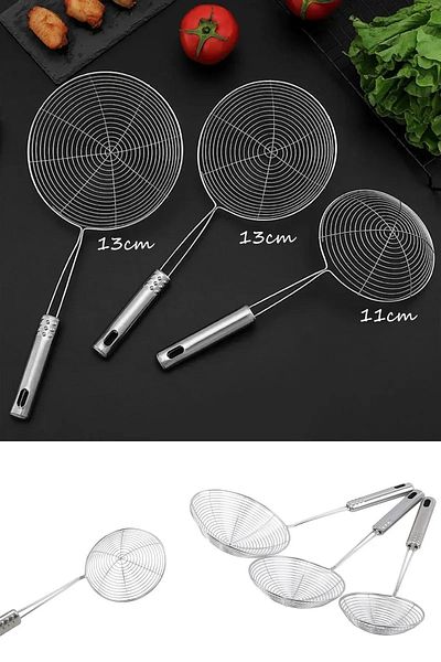 Pink Cat Kitchen Stainless Steel Frying Colander - Set of 3, Oil Strainer and Steel Wire Ladle, 2x13 cm and 1x11 cm Diameter