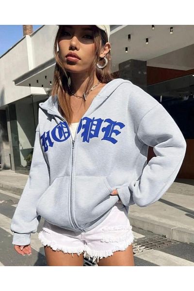 CAST COLLECTİON Gray Oversize Women's Jacket - Hope Written, Zippered