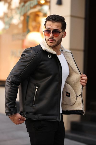 Mero Life Vysoce kvalitní kůže Napa - celokožešinový Slim Fit černo-krémový pánský kabát a bunda