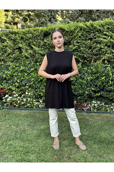 two in sis Crew Neck Black Tunic Sleeveless Long Tunic Cotton Viscose Tunic Underwear Tunic Blouse