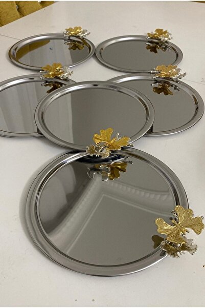 Elzem Paslanmaz Çelik Yuvarlak Model 6 Lı Sunum Tepsisi Kelebek Aksesuarlı Lüx