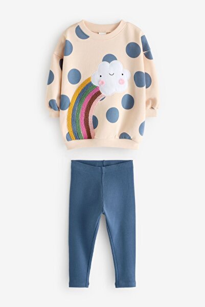 Next Baby Pamuklu Krem Mavi Gökkuşağı Desenli Uzun Kollu Sweatshirt Tayt Alt Üst Takım