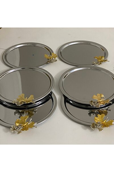 Elzem Paslanmaz Çelik Yuvarlak Model 6 Lı Sunum Tepsisi Kelebek Aksesuarlı Lüx