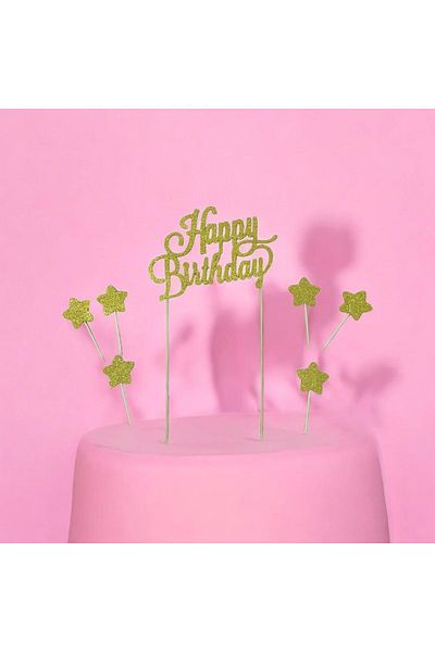 damlakidsmoda Gold Happy Birthday Lettering Star Cake Decoration