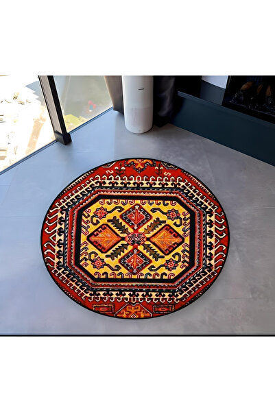 Rugs Modern Halı بورجوندي والأصفر موضوع عزر تقليدي منقوشة قاعدة منسوجة مستدير...