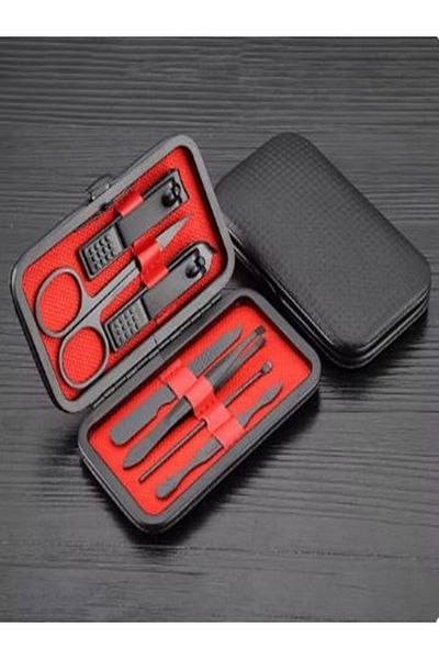 newnet Set of 7 Black-Red Professional Stainless Steel Portable Bag and Travel Size Manicure