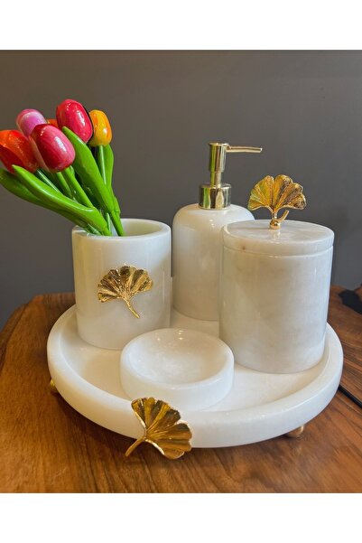 MIARIK DESIGN & DEKORASYON Dekoratif Beyaz Mermer Altın Çiçek Detaylı 5 Li Ba...