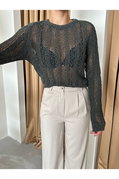 Laluvia Khakifarbene Strickbluse – Spinnennetz-Design