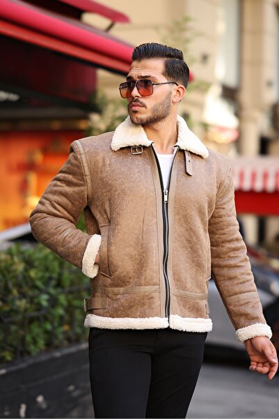 Mero Life Υψηλής ποιότητας ανδρικό δέρμα Napa - Full Fur Slim Fit Cream Coats & Jackets