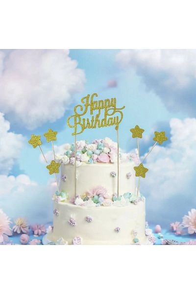 damlakidsmoda Gold Happy Birthday Lettering Star Cake Decoration