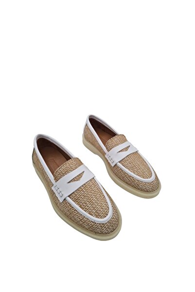 a ayak&kabım official White Linen Detailed Genuine Leather Women's Casual Shoes