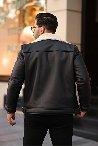 Mero Life Vysoce kvalitní kůže Napa - celokožešinový Slim Fit černo-krémový pánský kabát a bunda